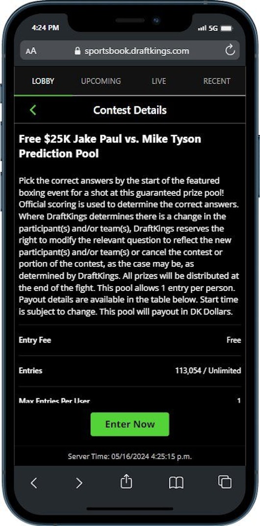 DraftKings Sportsbook Jake Paul Mike Tyson Free Pool Entry