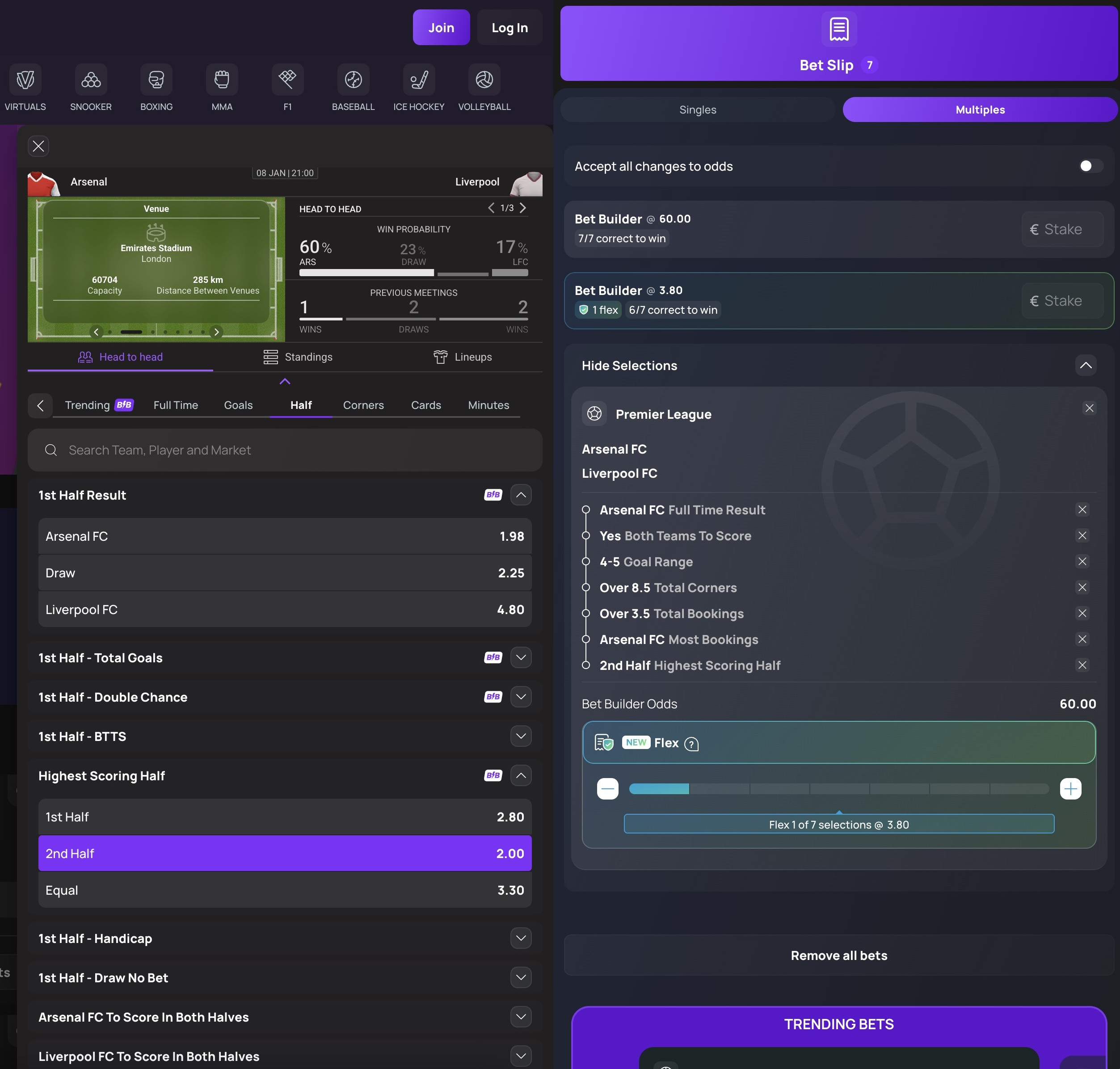 Example of Bet Builder with 1 Flex Selection