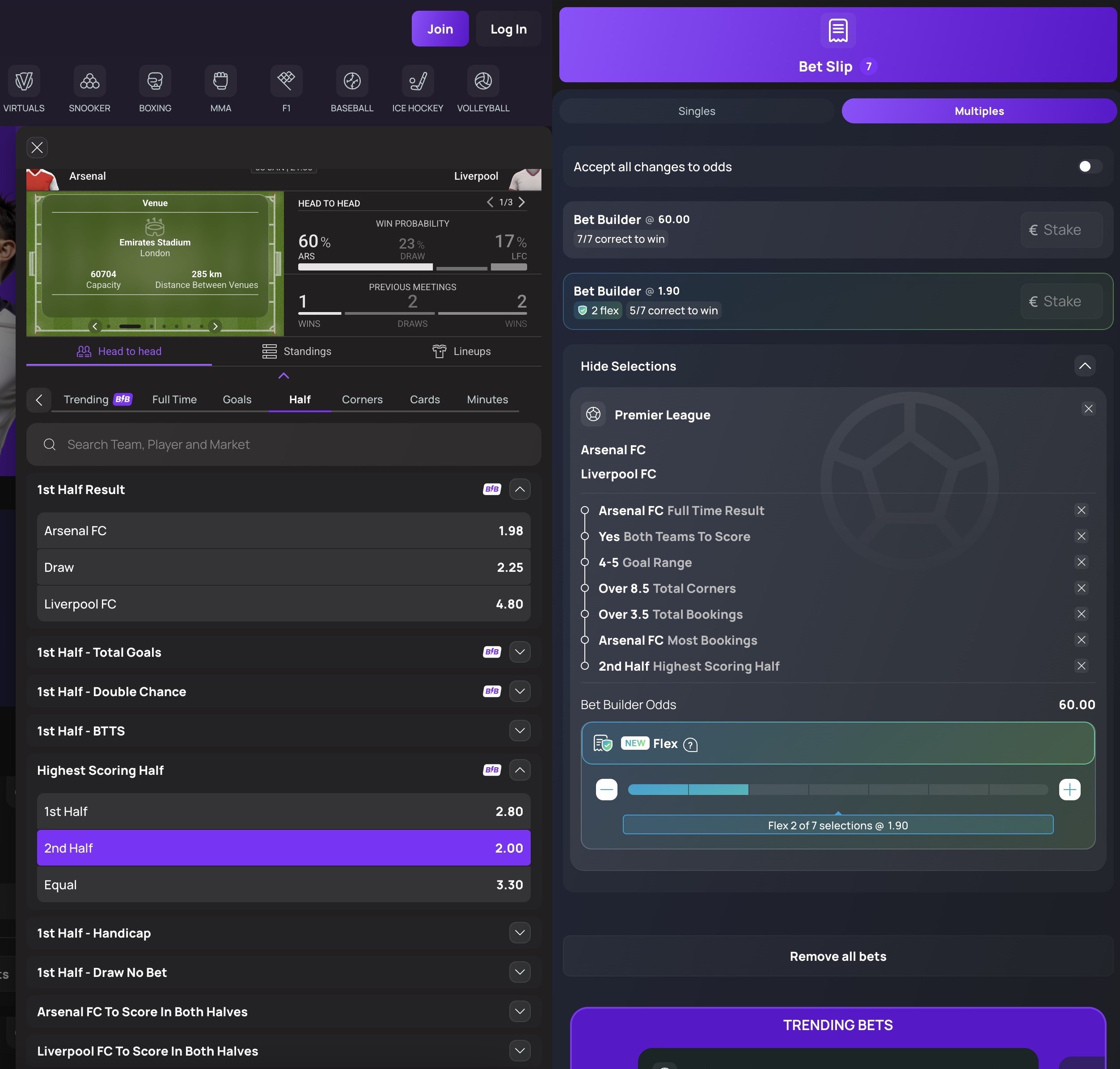 Example of Bet Builder with 2 Flex Selections