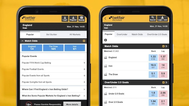 Google Pixel 5 screenshots comparing England v Iran markets on Betfair Sportsbook and Betfair exchange