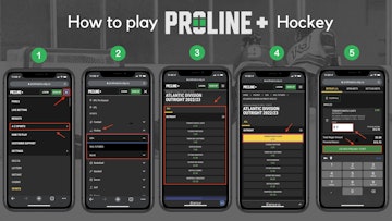 How to play Proline hockey instructional guide with arrows pointing to where players need to click to bet on hockey