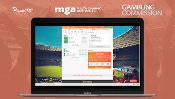 Laptop open with Leovegas on the screen and igaming ontario malta gaming authority and gambling comission logos