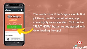 Mybettingsites leovegas review on a mobile device with text guiding users to click on a button on the image to get the app