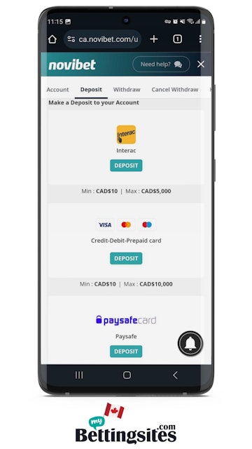 Novibet CA Mobile Deposits