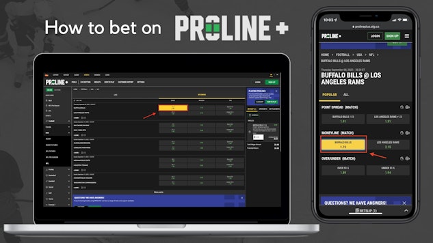 Proline betting site open on a i Phone XR and Macbook Air with selected odds highlighted and annonated