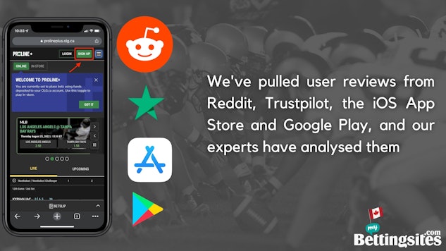 Proline mobile mock up with logos of reddit trustpilot ios app store and google play with text explaining that people have reviewed comments from these platforms