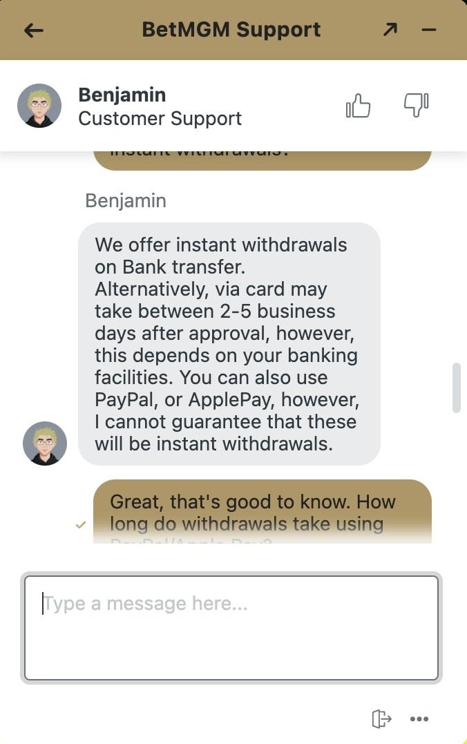 Screenshot of Bet MGM customer support assistant confirming withdrawal times 2