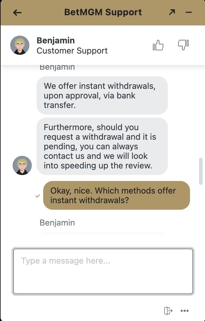 Screenshot of Bet MGM customer support assistant confirming withdrawal times 3