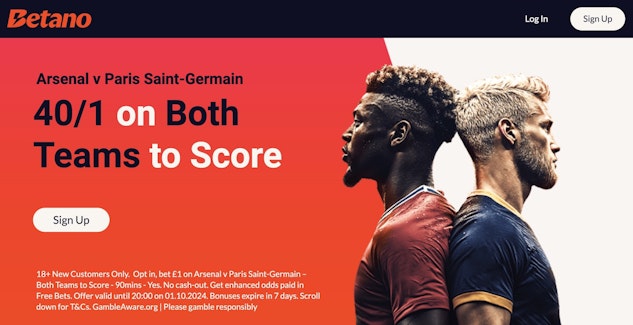Screenshot of Betano Enhanced odds promo on Arsenal v PSG