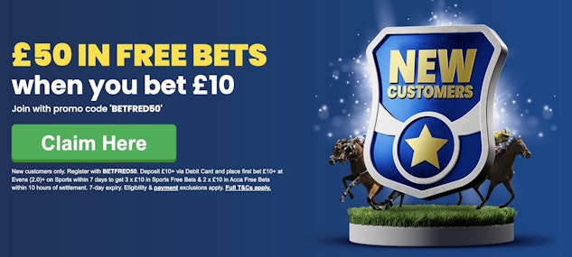 Screenshot of Betfred bet 10 get 50 Uk sign up offer