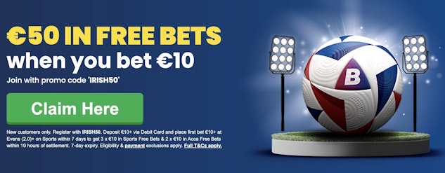 Screenshot of Betfred bet 10 get 50 offer ireland