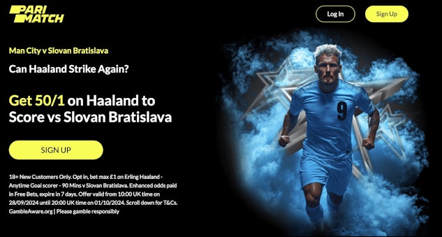 Screenshot of Parimatch enhanced odds offer 501 on Haaland to score vs Slovan Bratislava