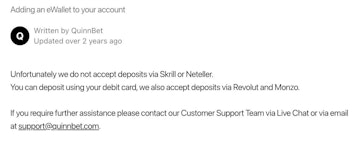 Screenshot of Quinn Bet confirming it accepts deposits via Revolut