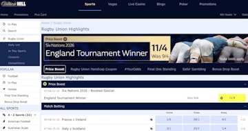 Screenshot of William Hill rugby betting homepage