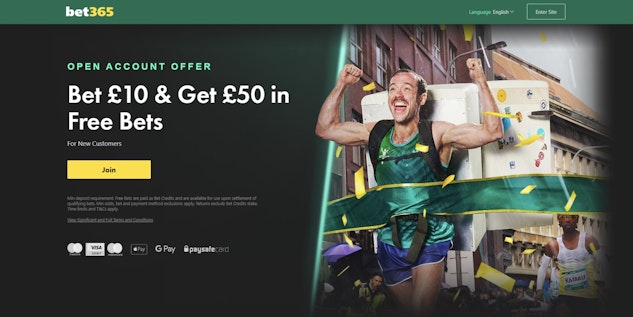 Screenshot of new bet 10 get 50 sign up offer on bet365 com