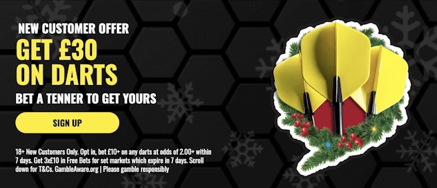 Screenshot of talksport bet darts welcome offer bet 10 get 30