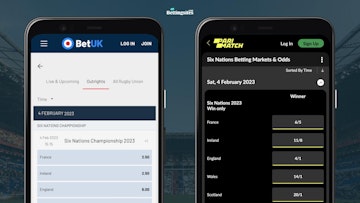 Screenshots comparing six nations outright odds at rugby betting sites parimatch and betuk shown on android smartphones