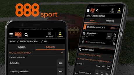 Screenshots of 888sport app showing NFL markets on Google Pixel
