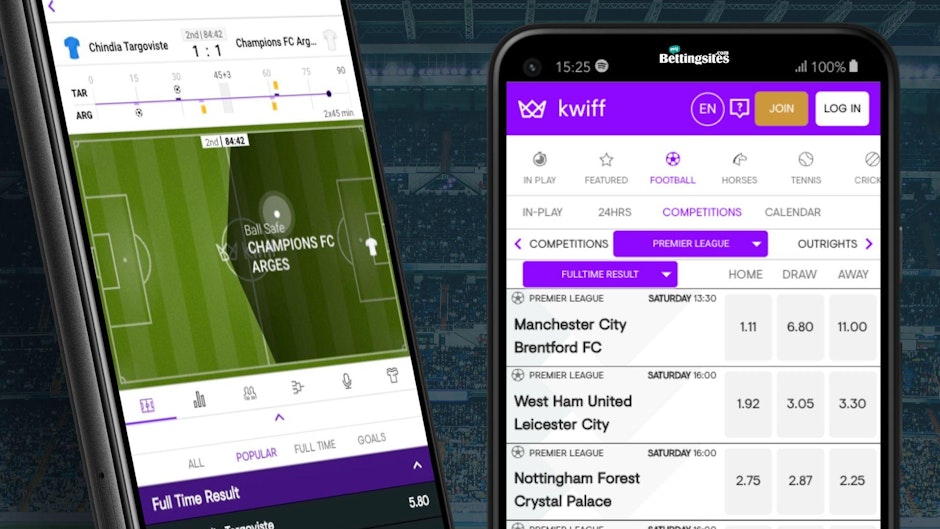 Screenshots of Kwiff football betting markets on google pixel