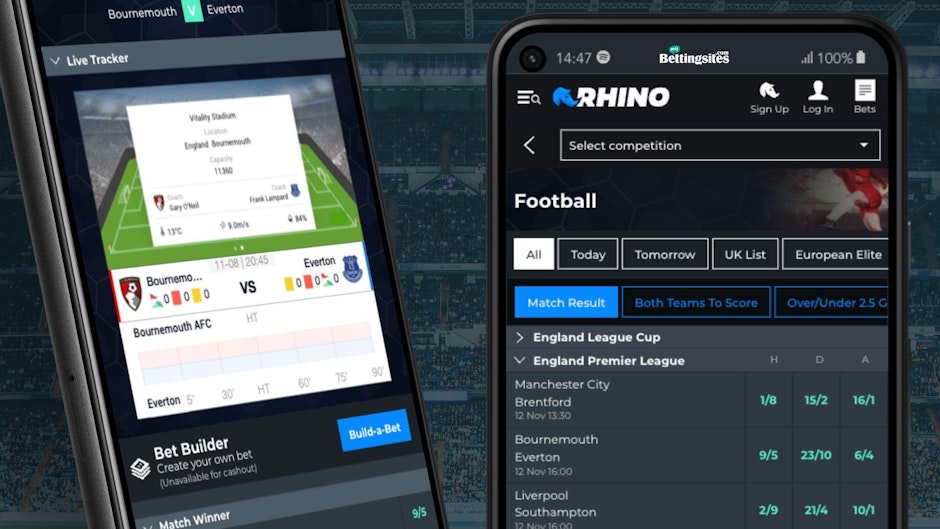 Screenshots of Rhino Bet football markets on Google pixel smartphone