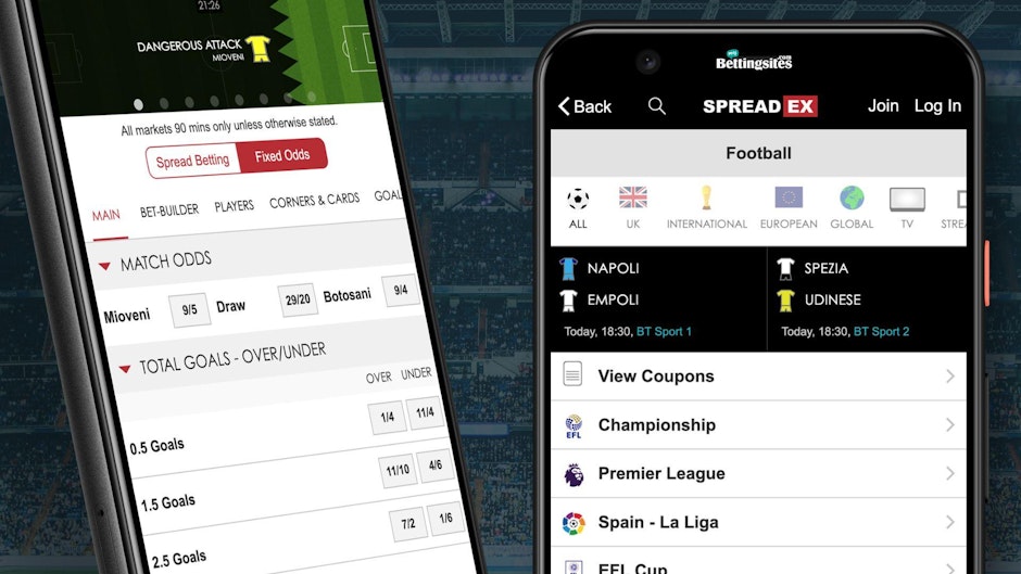 Screenshots of Spreadex sportsbook football betting markets on google pixel