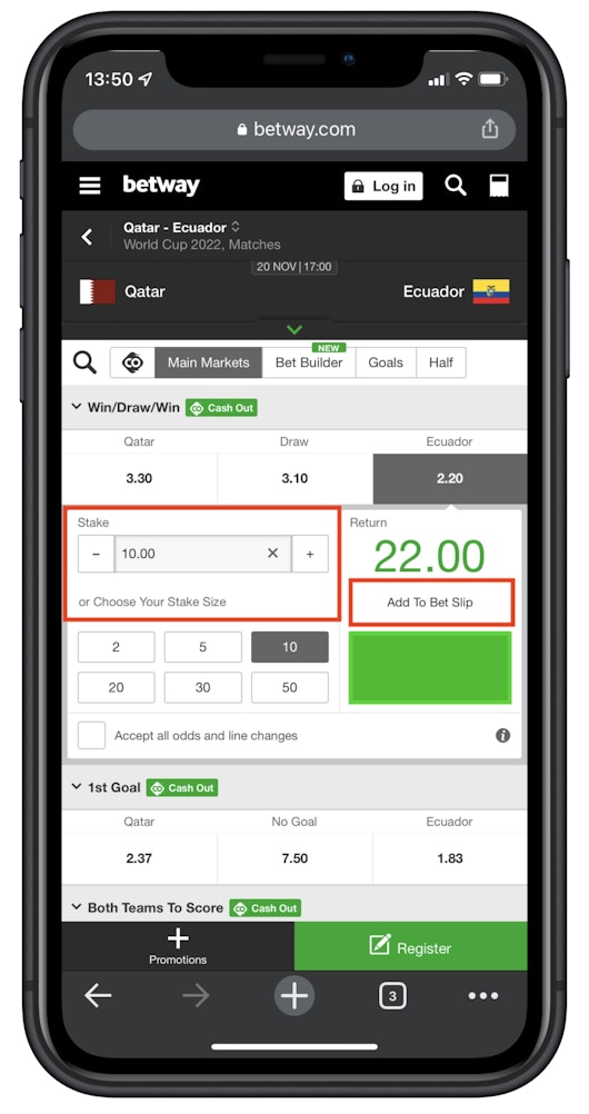 Set your stake and confirm your World Cup bet