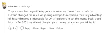 Sports Interaction comment on Reddit
