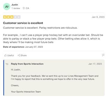 Sports Interaction comment on Trustpilot