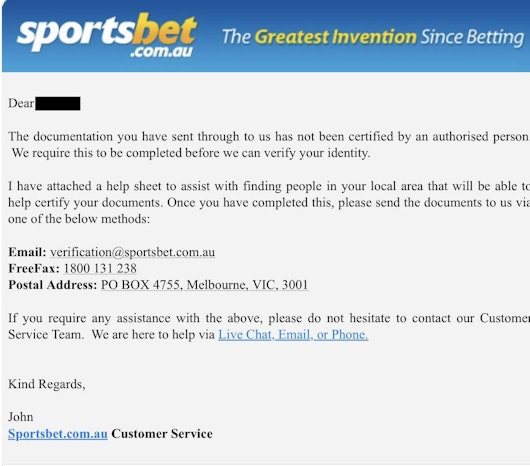 Sportsbet email requesting documents