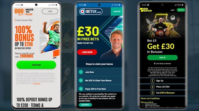 Three Galaxy S21 screenshots showing different betting sign up offers at 888sport betuk and parimatch on a background image of the world cup trophy