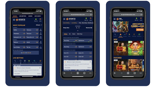 Three iphone X Rs with sports interaction homepage live betting page and online casino visible on each