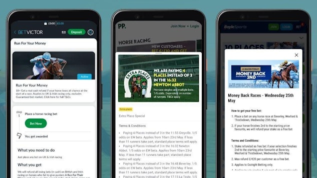 Three smartphones each displaying a different horse racing betting offer