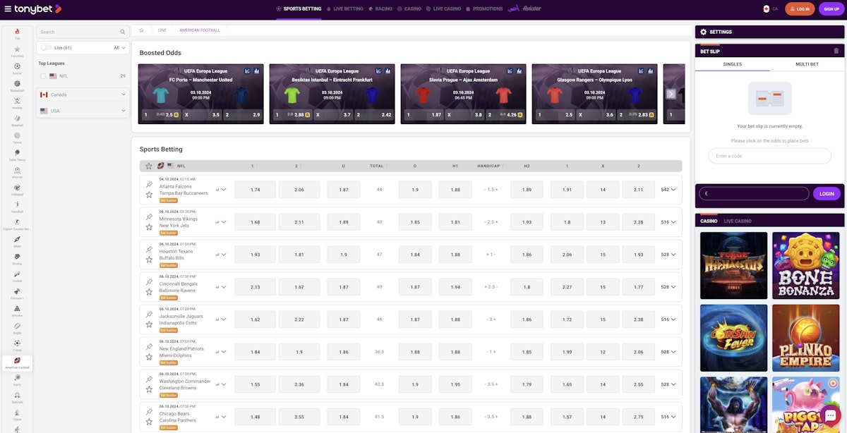 TonyBet Online Casino Homepage