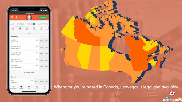 Iphone XR with leovegas on the screen next to a map canada with text saying whereever you are based in canada leovegas is legal and available