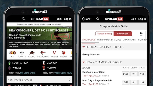 Screenshots of spreadex home page and football markets on google pixel android smartphones