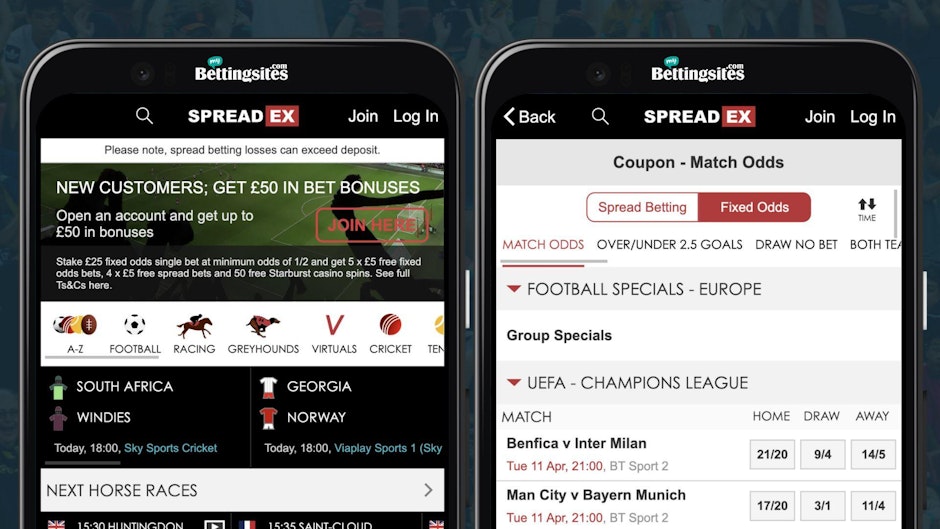 Screenshots of spreadex home page and football markets on google pixel android smartphones