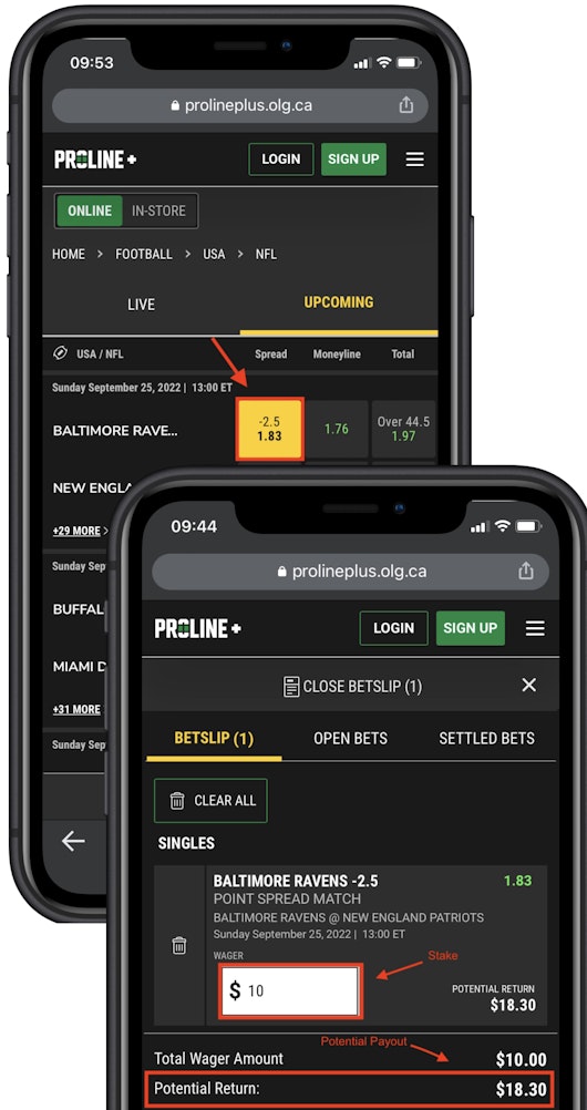 Two iphone xrs displaying annonated instrctuons on how to calculate a payout on proline with a bet slip