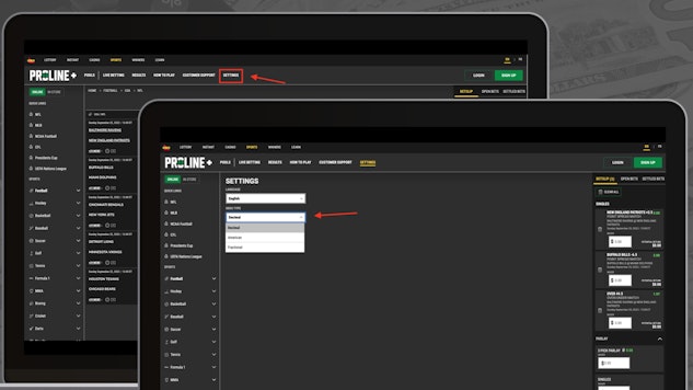 Two macbooks displaying how users are able to change odds formats on proline