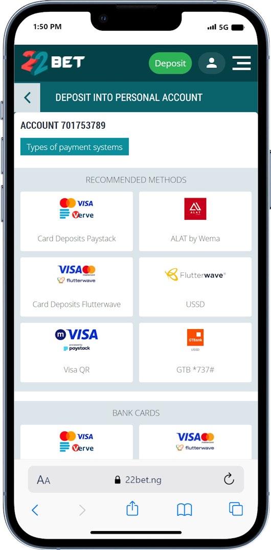 Deposit on 22bet 2