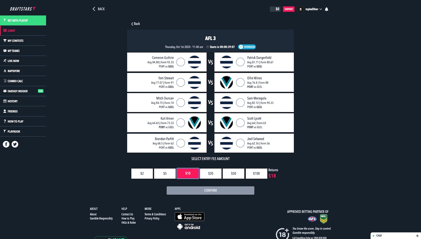 Draftstars Australia Head to Head