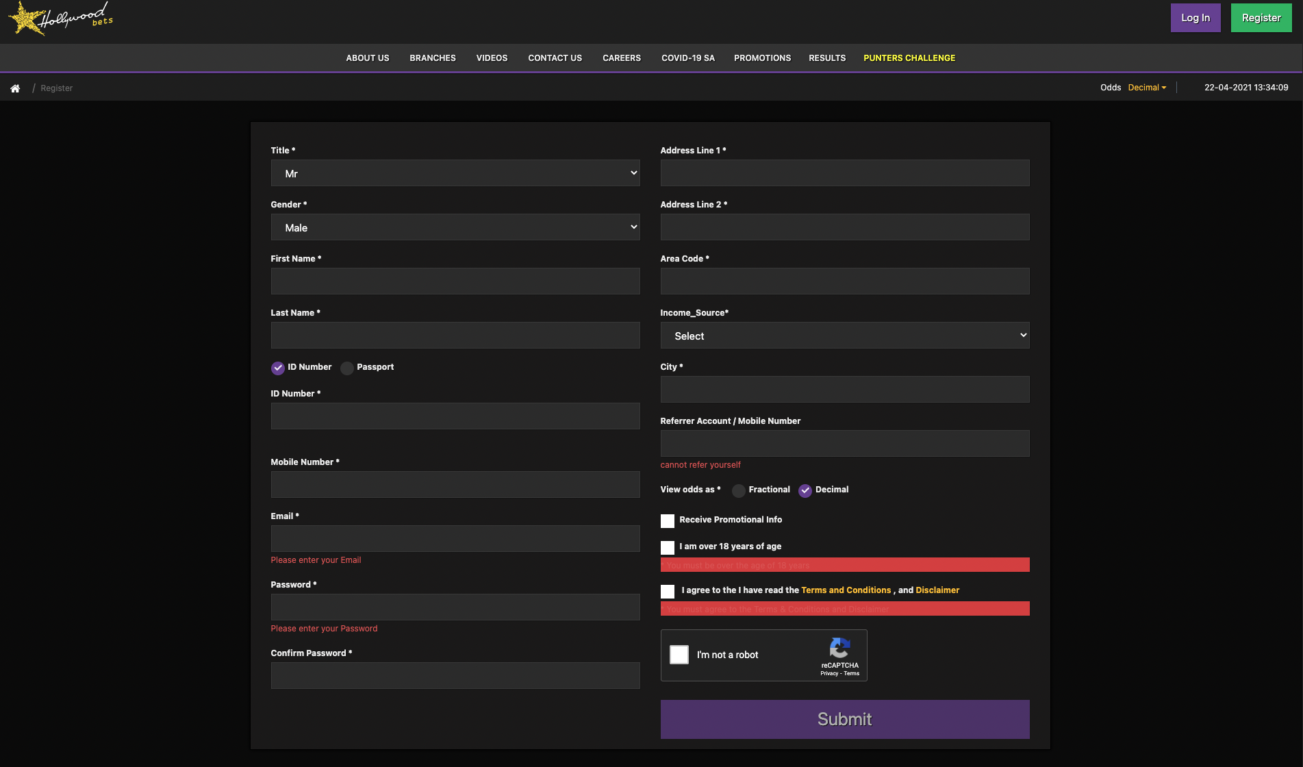 Hollywoodbets sign up form