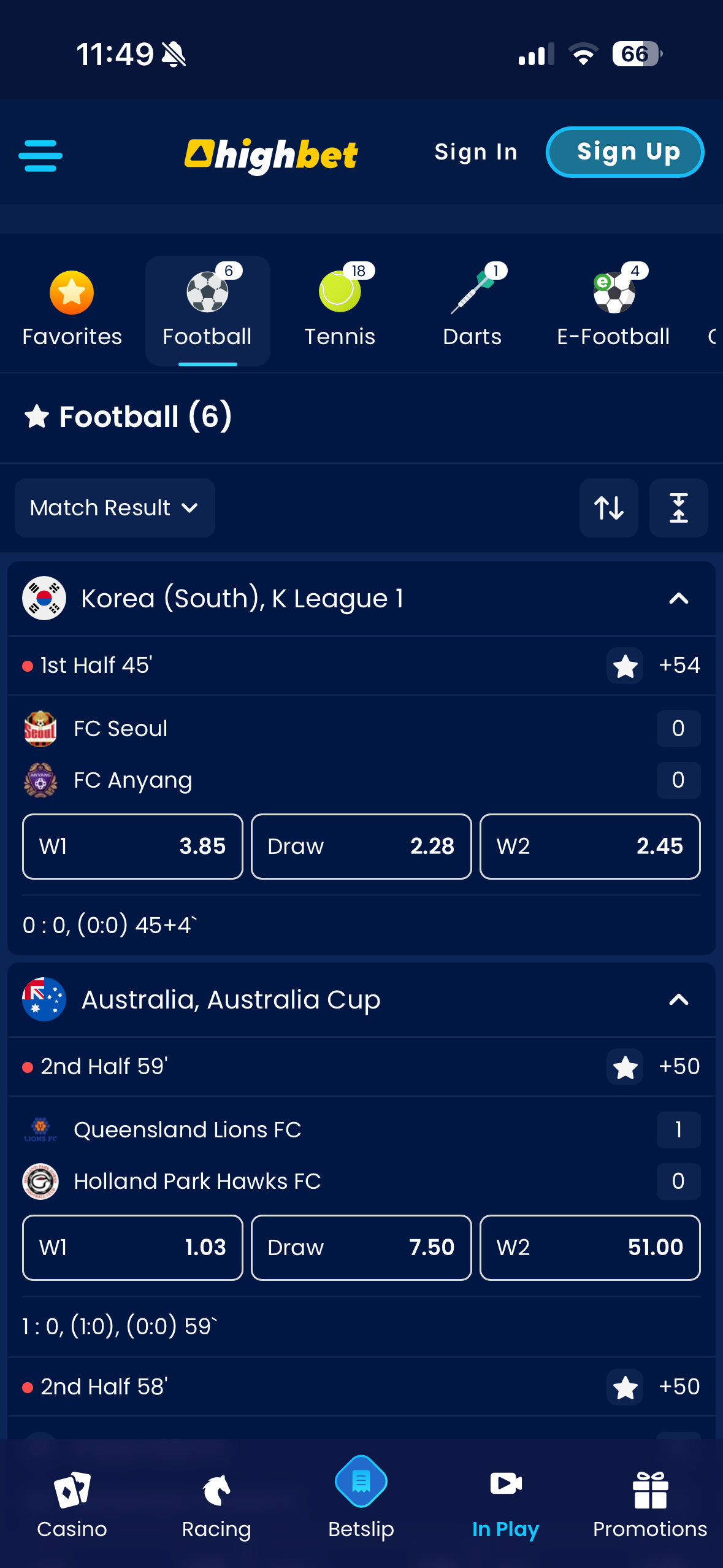 Highbet's app has a dedicated In Play section