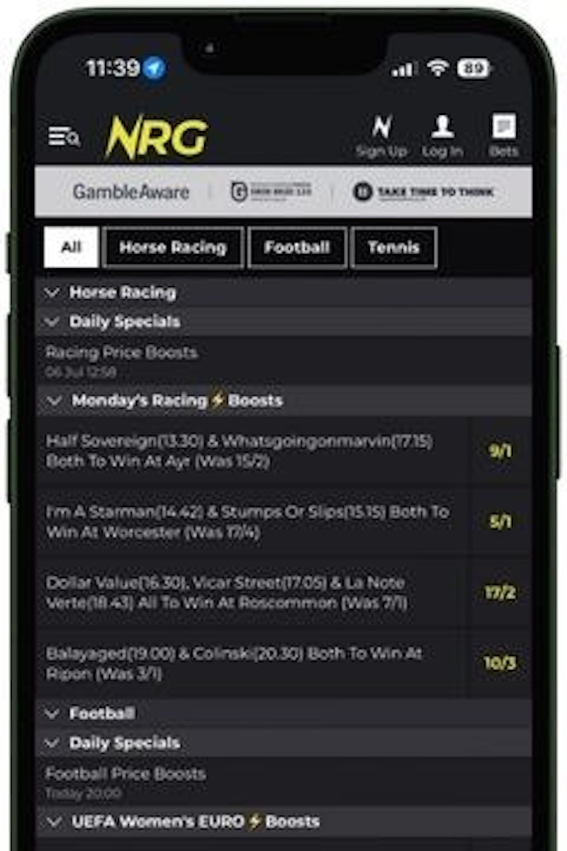 Interface screenshot of the Nrg Bet app on a mobile device