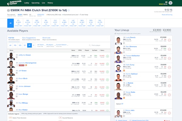 Paddy Power Fantasy NBA Roster