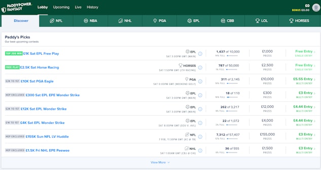 Paddy Power Fantasy lobby