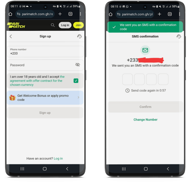 Parimatch Ghana Sign Up Forms