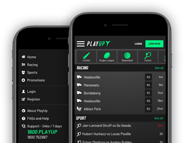 Mockup of PlayUp app on two black iphones