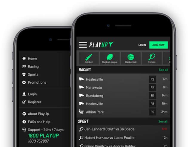 Mockup of PlayUp app on two black iphones