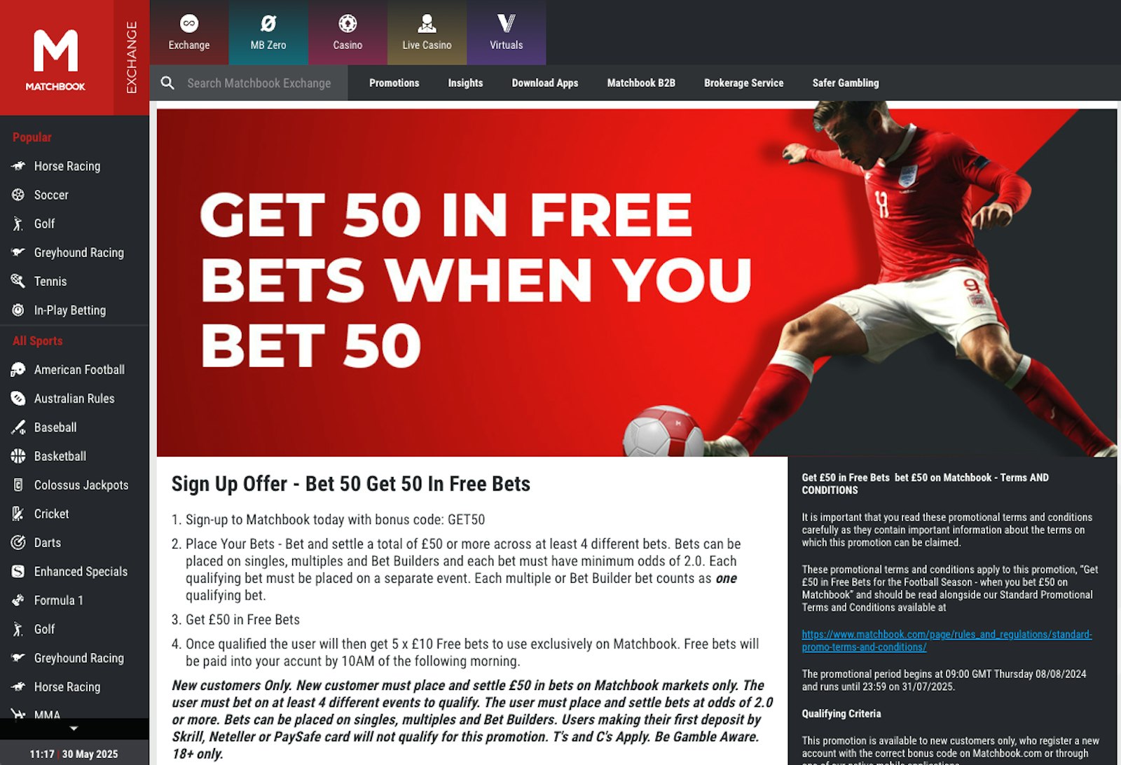 Matchbook bet 50 get 50 screenshot