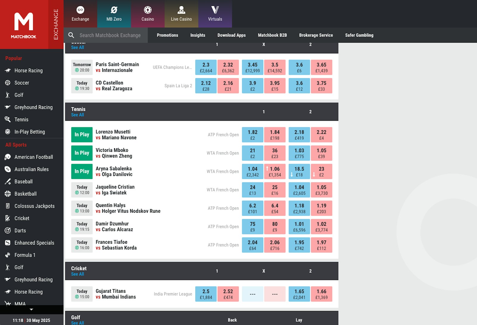 Matchbook sportsbook screenshot